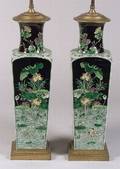 Pair of Chinese Famille Verte Porcelain Vase Lamp Bases