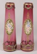 Pair of Italian Ormolu Mounted and Enamel Decorated Cranberry Glass Vases