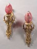 Pair of Louis XVstyle Gilt Bronze and Cranberry Cased CuttoClear Glass Torch Wall Sconces