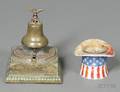 Cast Iron Centennial Liberty Bell Bank and a TaftSherman Milk Glass Hat Bank