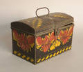 Tole decorated dome lid document box with vibrant red and yellow floral decoration