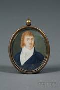 American School 19th Century Portrait Miniature of a Young Man Wearing a Blue Jacket