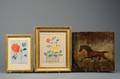 American School 19th Century Lot of Three Works Primitive Painting of a Horse and Two Floral Watercolors