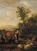 Attributed to Nicolaes Berchem Dutch 16201683 Woman Carrying a Milk Bucket with Livestock in a Landscape
