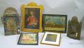 Five Mexican Retablos and a Tin Votive Cabinet