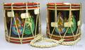 Pair of Painted and Transfer Decorated Woodmounted Brass Marching Drums