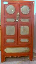 Pair of Chinese Redpainted and Ceramicinset Wooden TwoDoor Cabinets