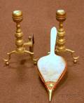 Pair of Brass Belted Balltop Andirons and a Chinoiserie Paint Decorated Wooden Bellows