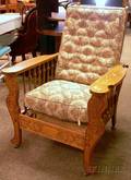 Art Nouveau Carved Oak Spindleside Adjustableback Morris Chair with Upholstered Back and Seat Cushion