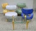 Set of Four Midcentury Modern Naugahyde Upholstered Low Chairs and a Glasstop Coffee Table