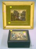 Framed European Landscape Painting on Ivorine and an Ebonized Wooden Box with Painted Ivorineinset Panel Depic