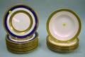 Set of Eight Royal Crown Derby Gilt St George Pattern Porcelain Dinner Plates and a Set of Twelve George Jones