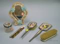 Fivepiece Enameled Sterling Silver Dresser Set and a Venetian Art Glass Dresser Mirror