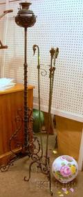 Bradley  Hubbard Victorian Wrought Iron Kerosene Floor Lamp with Handpainted Floral Decorated Glass Globe and
