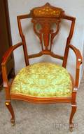 Edwardian Upholstered Inlaid Carved Maple Armchair
