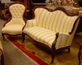 Victorian Rococo Revival Upholstered Carved Walnut Parlor Settee and Chair