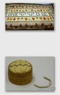 Southwest Native American Navajo Woven Wool Bettie Rug and a Small Native American Quill Decorated Covered Bo