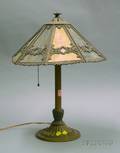 Cast and Pressed Metal Table Lamp with Octagonal Slag Glass Panel Shade