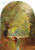 Albert Fitch Bellows American 18291883 Cows Drinking at Stream Under Spreading Trees