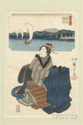 Hiroshige Woman Kneeling with Husbands Kimono While Dreaming of Sailboats Leaving Kuwana Port