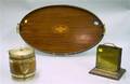 Edwardian Oval Brassmounted Inlaid Mahogany Serving Tray Brassbound Oak Biscuit Barrel and a Brassmounted 