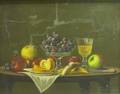 Framed Oil on Canvas Still Life with Fruit and Wine