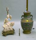 Chinese Champleve Brass Vase Table Lamp and a Giltmetal Mounted Chinese Blanc de Chine Figural Table Lamp