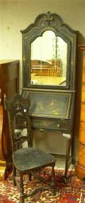 Chinoiserie Decorated Ebonized Mirrored Writing DeskBookcase with Chair