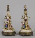 Pair of Giltmetal Mounted Handpainted Encrusted Porcelain Figural Group Table Lamps