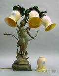 Art Nouveau Diana Figural Cast Metal Table Lamp with a Set of Four Quezaltype Cased PulledFeather Glass Shade