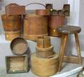 Thirteen Wooden Domestic Items and a Rustic Wooden Tripod Stool