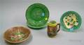 English Majolica Jug Three Plates and a Footed Low Bowl