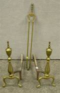 Pair of Brass Urntop Andirons and Tongs