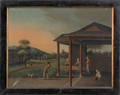 Pair of China trade oil on canvas courtyard tea processing scenes early 19th c
