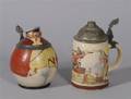 Mettlach PUG Elves at a Pump Stoneware Stein with Pewter Lid and a German Stoneware Rolly Polly Figural Lidded Stein