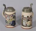 Two Mettlach PUG Stoneware Steins with Pewter Lids