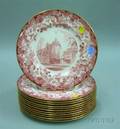 Set of Twelve Wedgwood Harvard University Gilt Red and White Transfer Decorated Porcelain Dinner Plates
