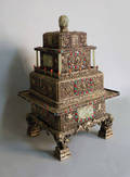 Chinese silver and bronze incense burner with jade and coral