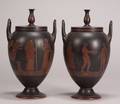 Pair of Wedgwood Encaustic Decorated Black Basalt Vases and Covers