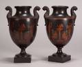 Pair of Encaustic Decorated Black Basalt Vases