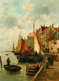 R Monti Italian 19th Century Dutch Harbor Scene
