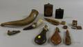 Three Powder Horns Six Leather and Tin Shot Flasks and Three Small Metal Shot Boxes