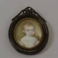 Framed 19th Century Miniature Painted Portrait of a RedHaired Baby in White Dress on Ivory