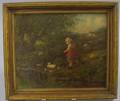 Framed Oil on Canvas Scene with a Young Girl Feeding Ducks by James Crawford Thom American 18351898