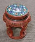 Chinese Red Lacquered Stand with Circular Cloisonne Panel Inset Top