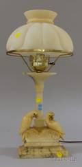 Carved Alabaster Parrots Figural Table Lamp with Opaque Molded Glass Shade