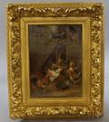 Framed Oil on Canvas Scene with Chickens in a Barn