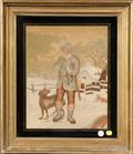Silk and Wood Needlework Picture of Hunter and a Dog