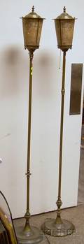 Pair of Art Deco Brass and Paint Decorated Mica Floor Lamps
