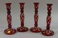 Set of Four Ruby Flash Cut to Clear Glass Candlesticks